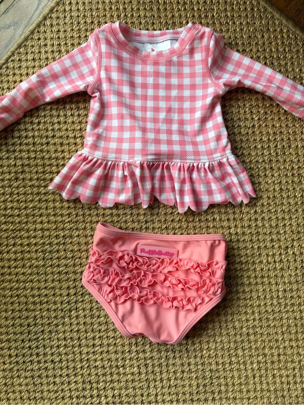 Ruffle Butts Pink Gingham Ruffle Long-Sleeve Swim Set